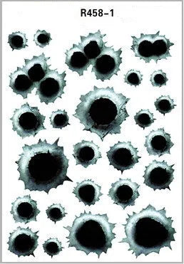 Simulation bullet hole car sticker in 21x30cm self-adhesive vinyl with cracked glass pattern, showing one colour variant on a dark car body panel