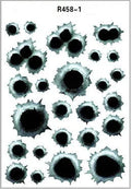 Simulation bullet hole car sticker in 21x30cm self-adhesive vinyl with cracked glass pattern, showing one colour variant on a dark car body panel