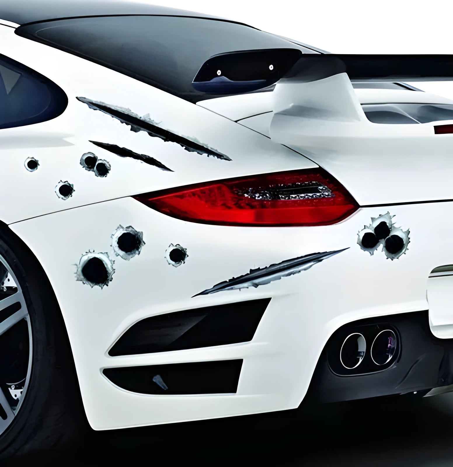 Simulation bullet hole car sticker in 21x30cm self-adhesive vinyl with cracked glass pattern, showing one colour variant on a dark car body panel