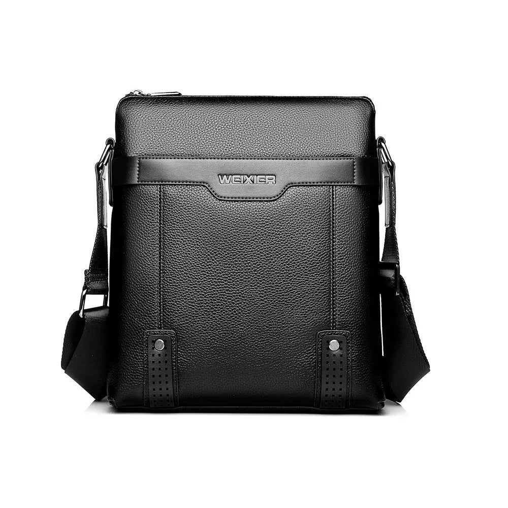 Black PU leather men's casual shoulder bag with a zipper and single strap, showing square shape.