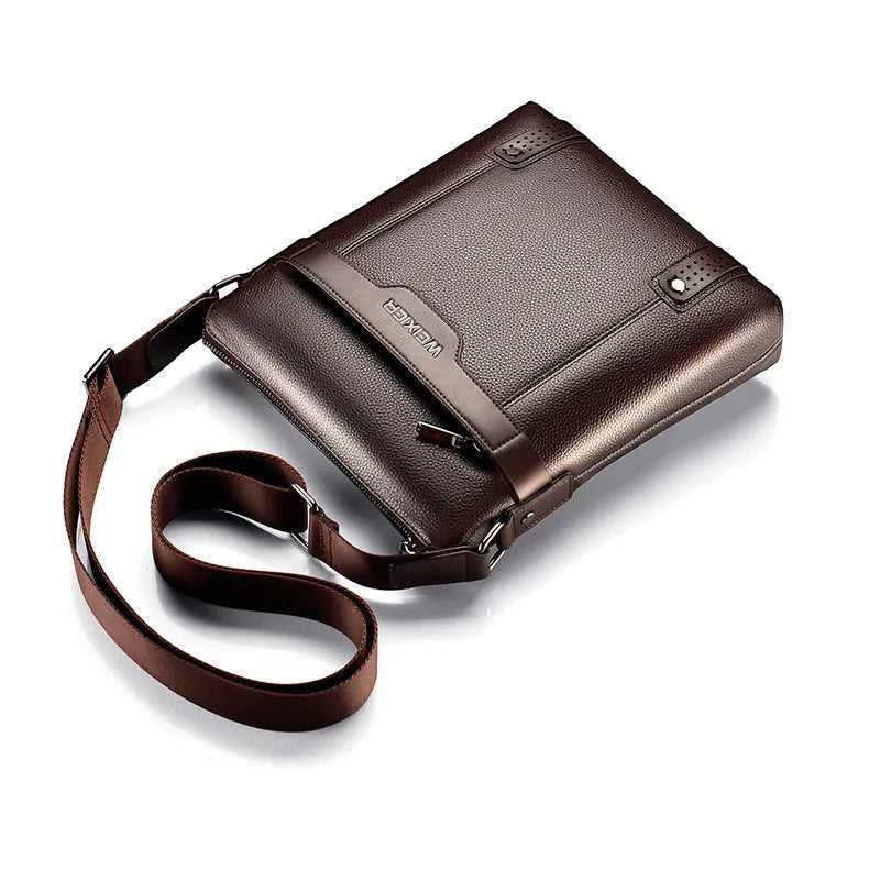 Black PU leather men's casual shoulder bag with a zipper and single strap, showing square shape.