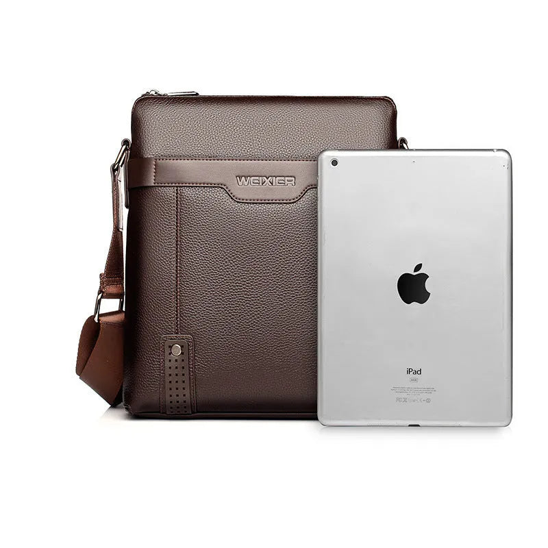Black PU leather men's casual shoulder bag with a zipper and single strap, showing square shape.