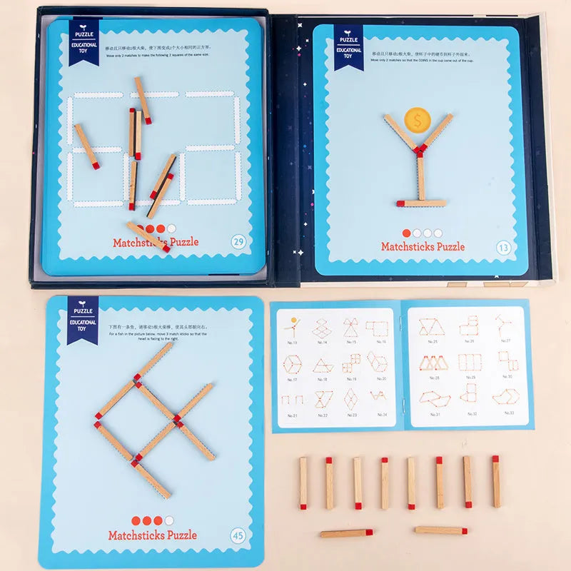 Montessori wooden educational toy with matchsticks and question cards for children's emotional development