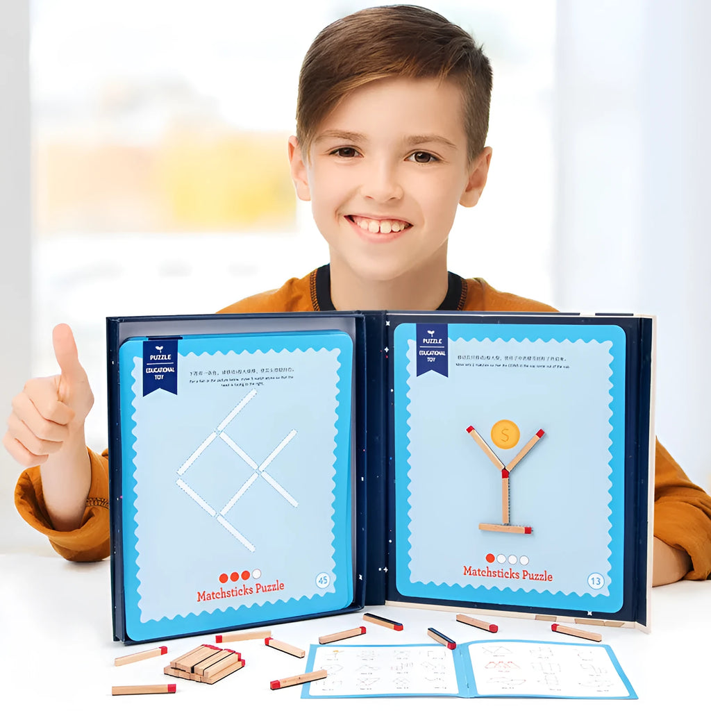 Montessori wooden educational toy with matchsticks and question cards for children's emotional development