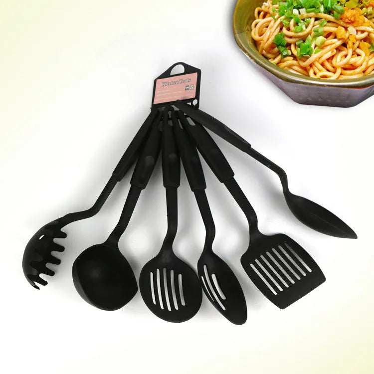 Black rubber kitchen shovel and spoon utensil set for non-stick pans