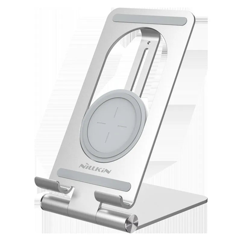 Nillkin wireless charging receiver with foldable stand showing smartphone charging position
