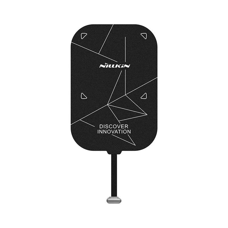 Nillkin wireless charging receiver with foldable stand showing smartphone charging position