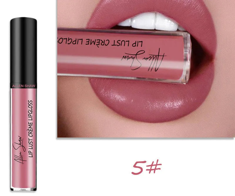 Silky cream texture lip gloss in various colours, shown with mineral ingredients and packaging.