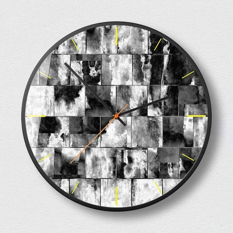 Round abstract art wall clock in Mysterious Black with metal case and glass mirror face