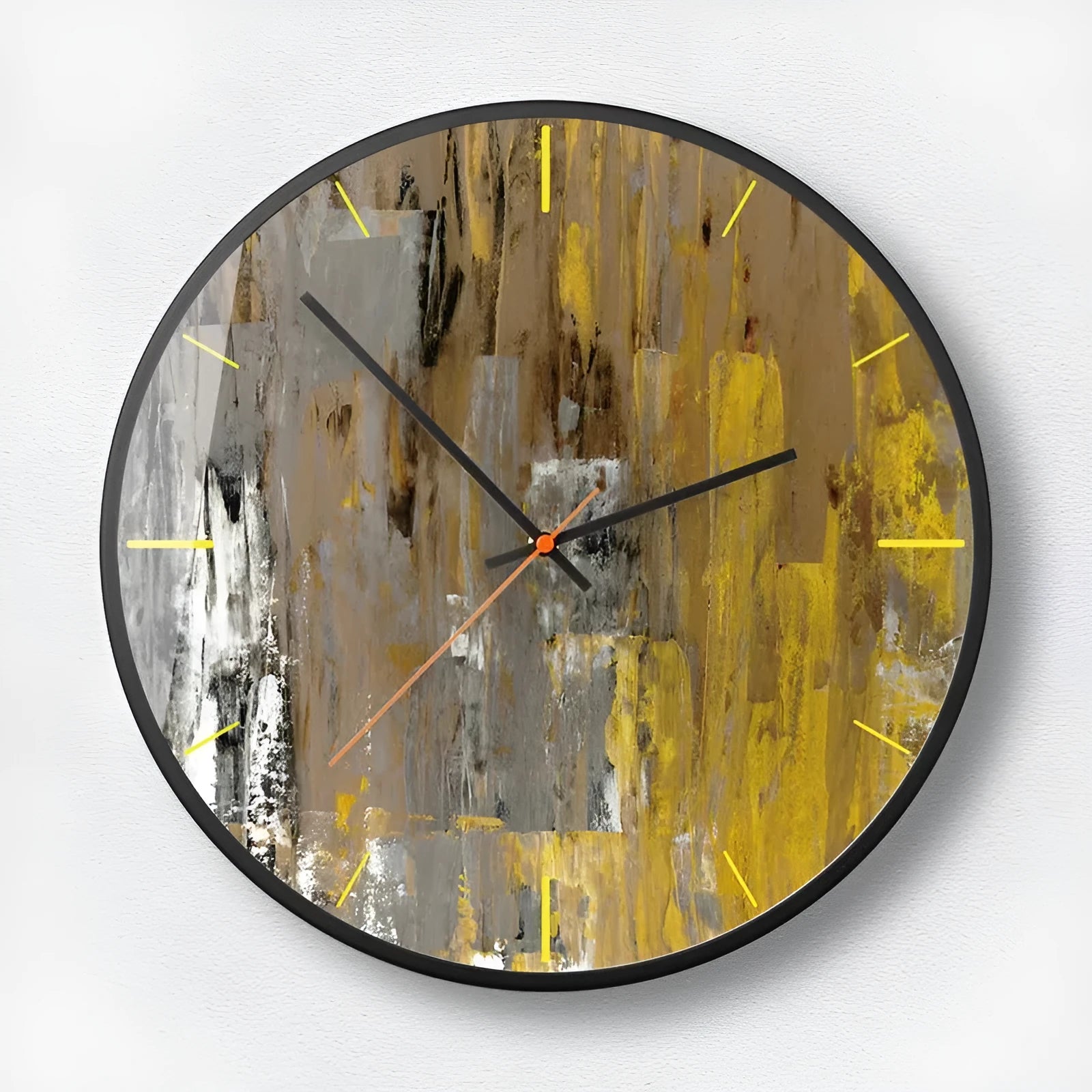 Round abstract art wall clock in Mysterious Black with metal case and glass mirror face