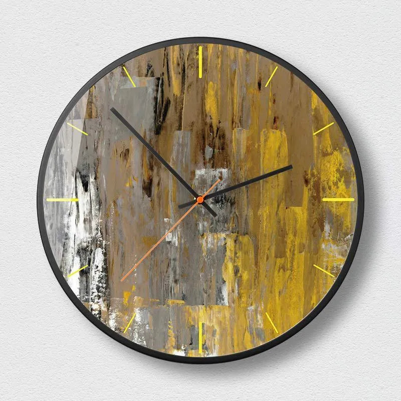 Round abstract art wall clock in Mysterious Black with metal case and glass mirror face