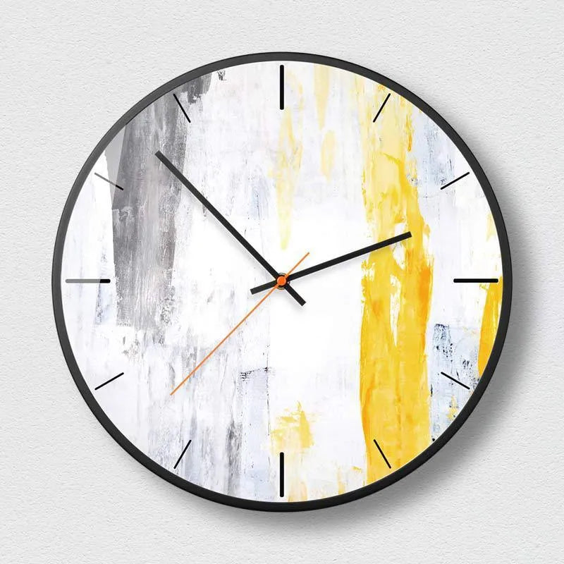 Round abstract art wall clock in Mysterious Black with metal case and glass mirror face