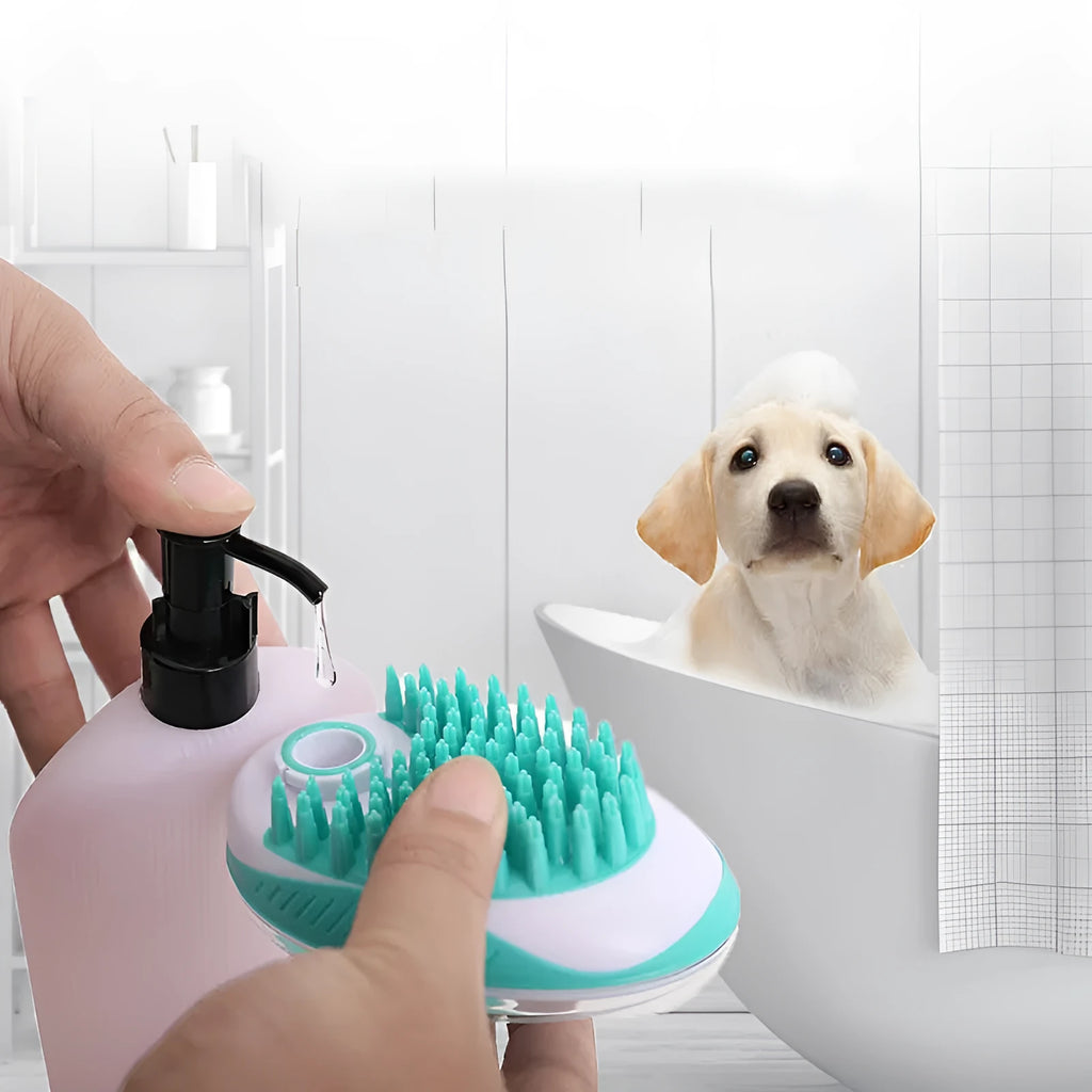 Pet bath brush with soft silicone bristles and ergonomic handle in blue