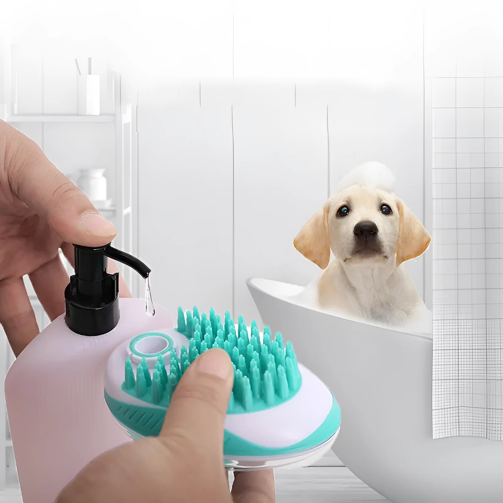 Pet bath brush with soft silicone bristles and ergonomic handle in blue