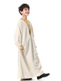 Muslim Arab youth embroidered round neck boy robe in army green with button front decoration, chemical fibre blend fabric