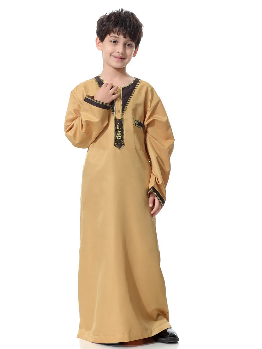 Muslim Arab youth embroidered round neck boy robe in army green with button front decoration, chemical fibre blend fabric