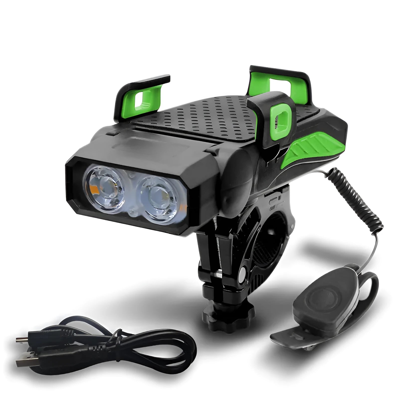 Rechargeable bicycle light in chosen colour, shown mounted on bike handlebars with single or double LED lamp.