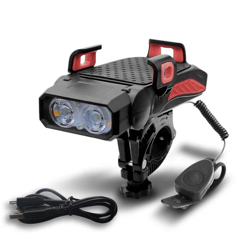Rechargeable bicycle light in chosen colour, shown mounted on bike handlebars with single or double LED lamp.