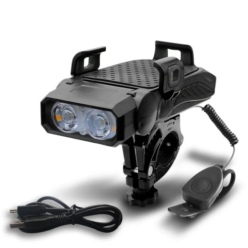 Rechargeable bicycle light in chosen colour, shown mounted on bike handlebars with single or double LED lamp.