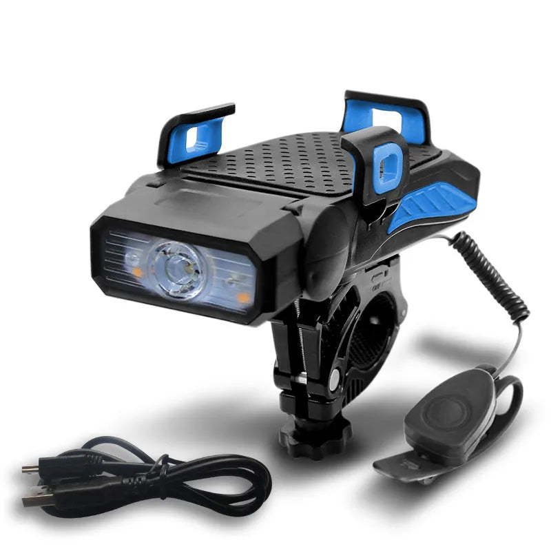 Rechargeable bicycle light in chosen colour, shown mounted on bike handlebars with single or double LED lamp.