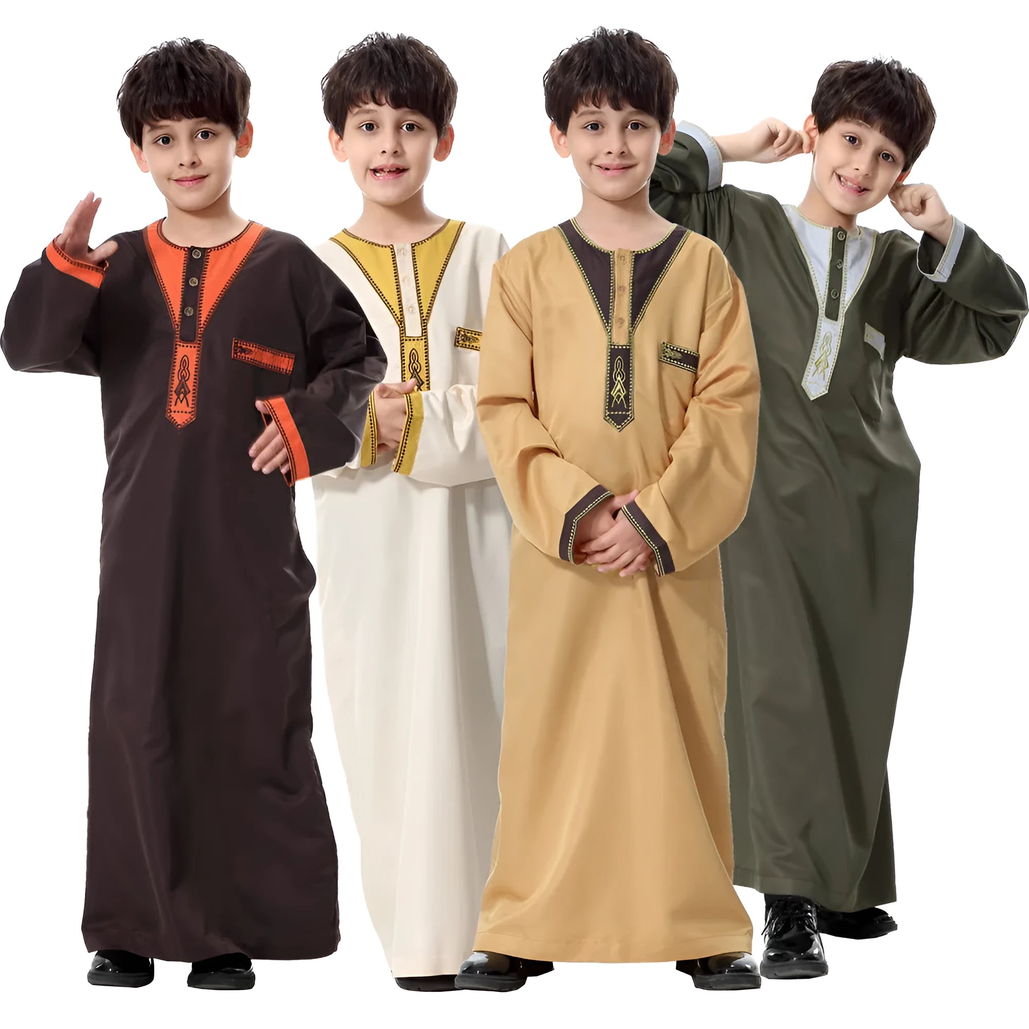 Muslim Arab youth embroidered round neck boy robe in army green with button front decoration, chemical fibre blend fabric