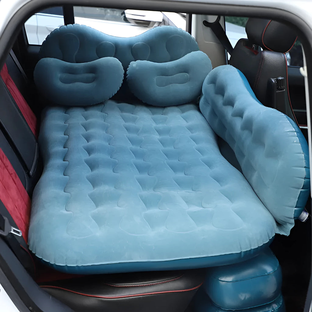 Inflatable car mattress in dark blue with flocking surface and two pillows for SUV camping