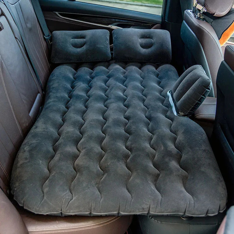 Inflatable car mattress in dark blue with flocking surface and two pillows for SUV camping