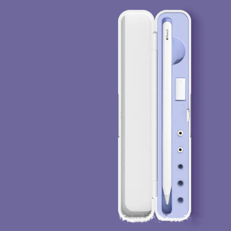 Hard plastic storage case for Apple Pencil with slot for tip adapter, shown in purple colour.