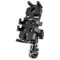 Black nylon phone mounting bracket clamped onto a motorcycle U-shaped handlebar