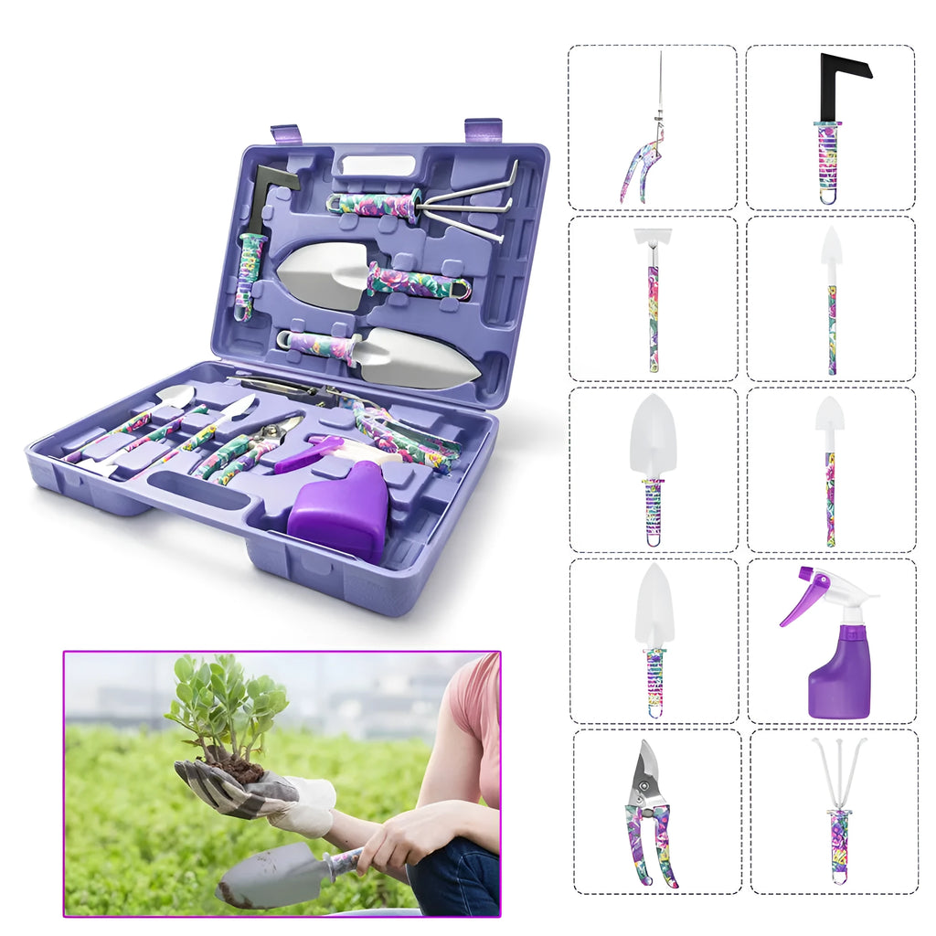 Camouflage garden tool set with two shovels, rake, scissor, kettle, and spray bottle in a green plastic case