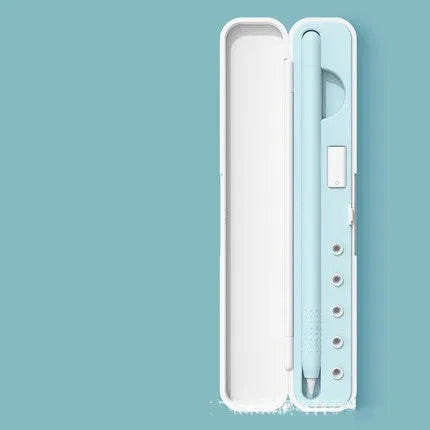 Hard plastic storage case for Apple Pencil with slot for tip adapter, shown in purple colour.