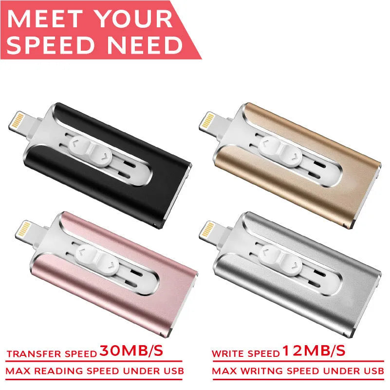 Metal USB flash drive with both USB and Lightning connectors shown in black, silver, gold, and rose gold finishes.