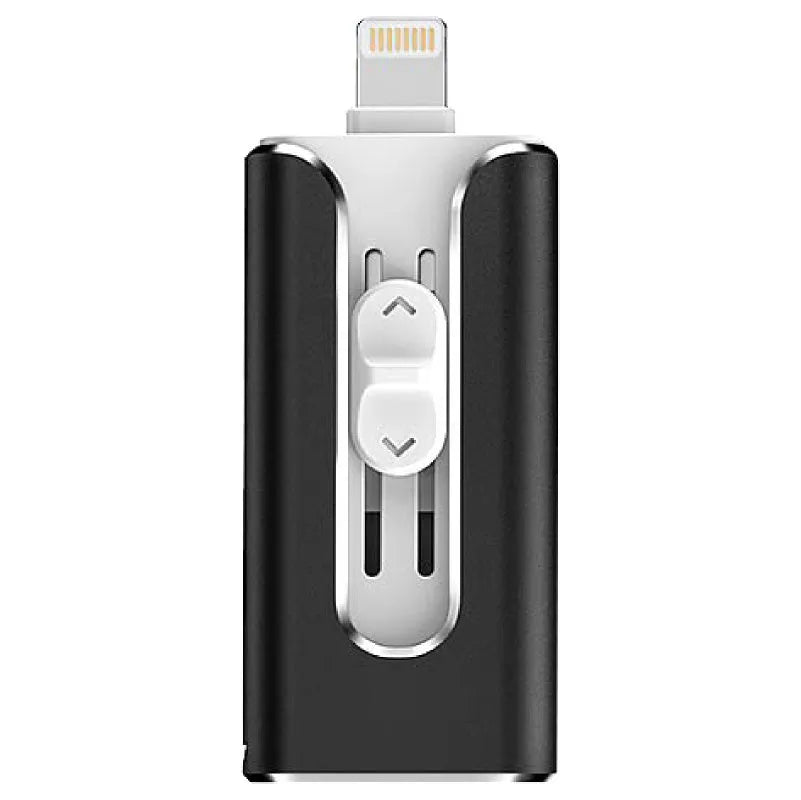 Metal USB flash drive with both USB and Lightning connectors shown in black, silver, gold, and rose gold finishes.