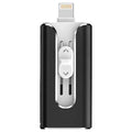 Metal USB flash drive with both USB and Lightning connectors shown in black, silver, gold, and rose gold finishes.