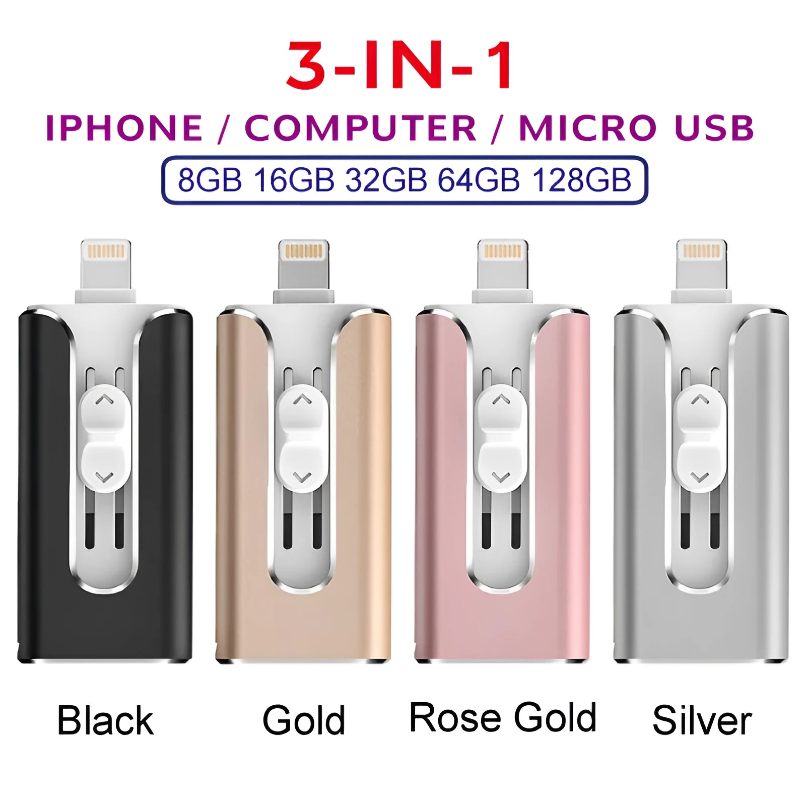 Metal USB flash drive with both USB and Lightning connectors shown in black, silver, gold, and rose gold finishes.