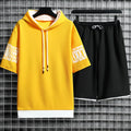 Men's loose sports suit with hooded short-sleeved top and casual trousers in solid colour