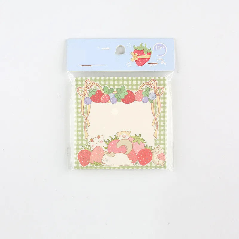 Minky's Kawaii strawberry memo pad showing 80x80mm square dimensions with berry-themed cover design