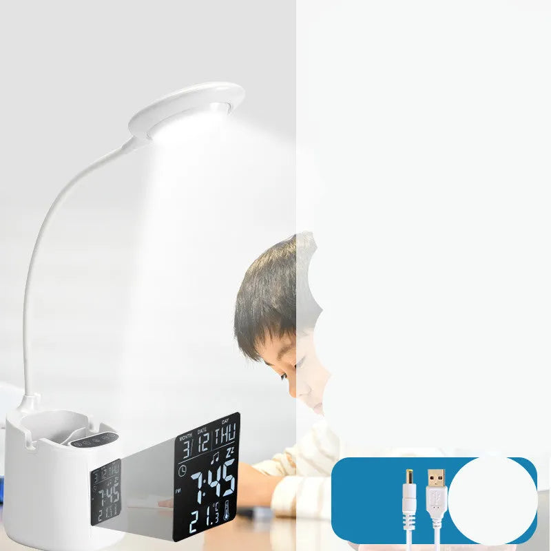 White USB-powered desk lamp with touch control on a wooden desk.