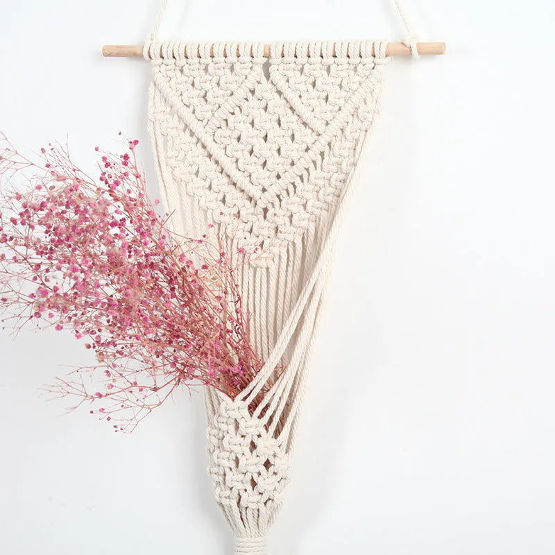 White rectangular woven cotton flower basket wall decoration with grid pattern