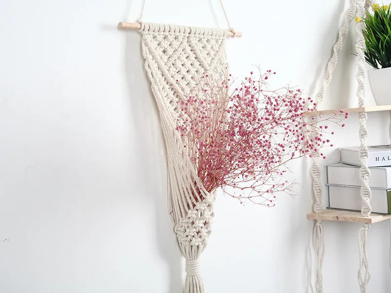 White rectangular woven cotton flower basket wall decoration with grid pattern