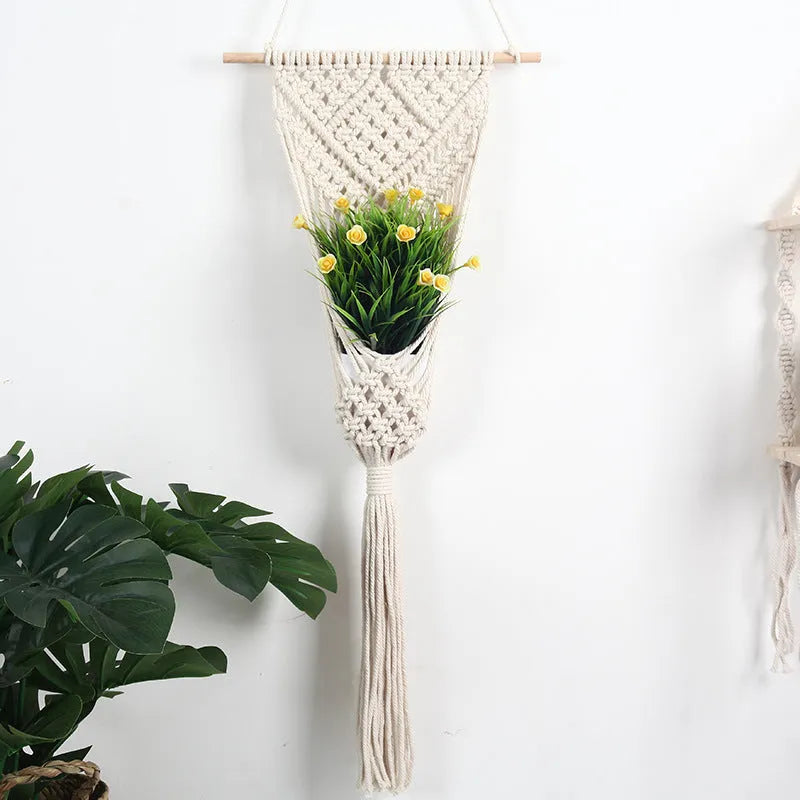 White rectangular woven cotton flower basket wall decoration with grid pattern
