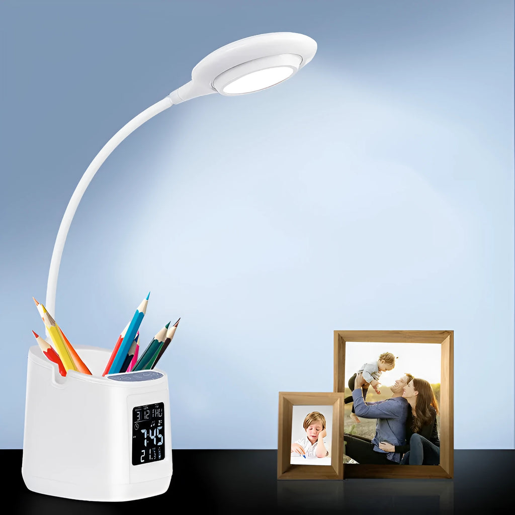White USB-powered desk lamp with touch control on a wooden desk.