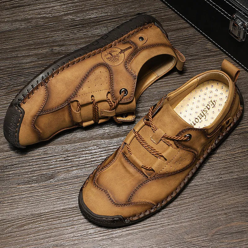 Men's casual leather shoes in black, gold, and khaki with round toe and microfiber upper