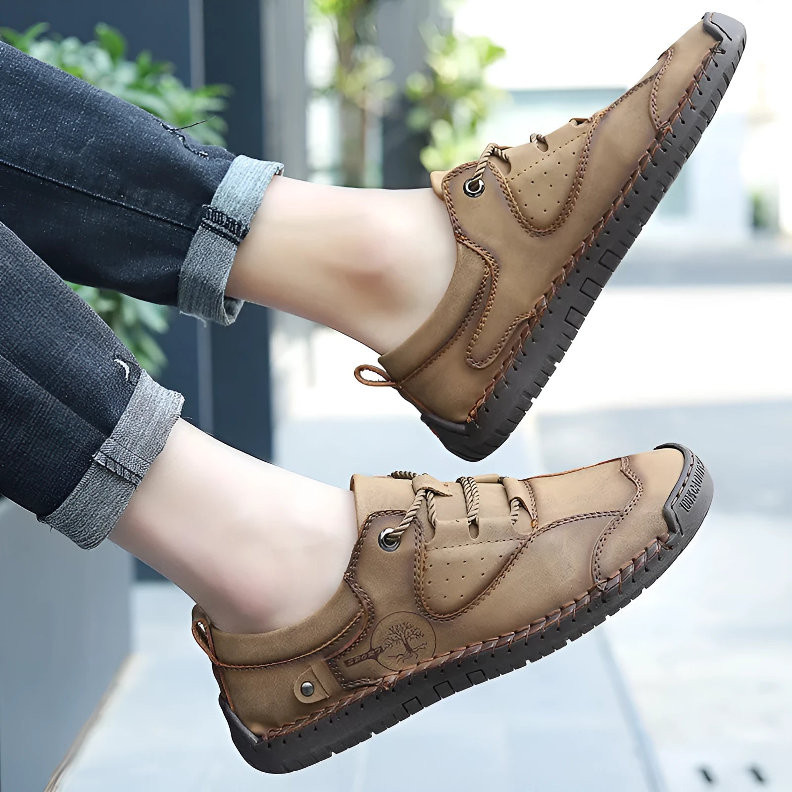 Men's casual leather shoes in black, gold, and khaki with round toe and microfiber upper