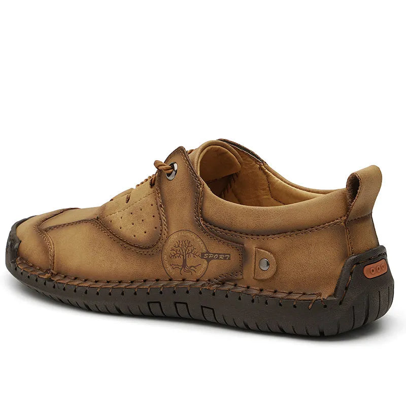 Men's casual leather shoes in black, gold, and khaki with round toe and microfiber upper