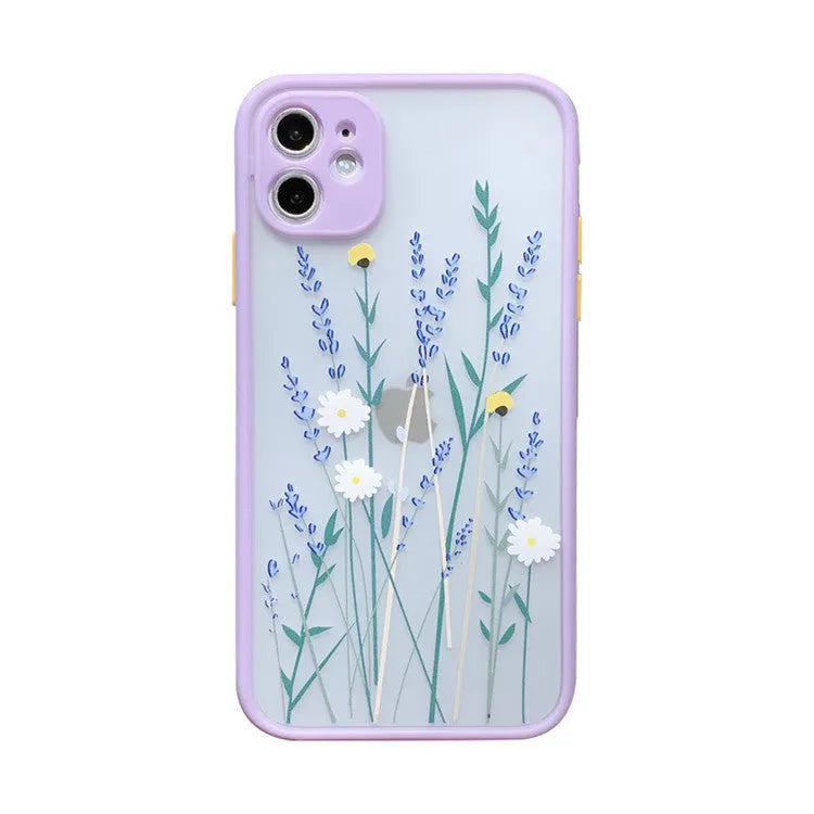 Pink Lavender matte frame iPhone case with painted blue cartoon flowers on a TPU back cover.