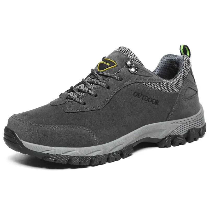 Men's large size outdoor hiking shoes in army green, grey, brown, and black colours with low-cut design