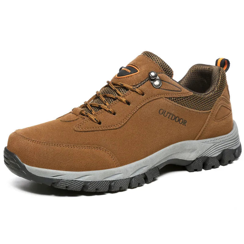 Men's large size outdoor hiking shoes in army green, grey, brown, and black colours with low-cut design