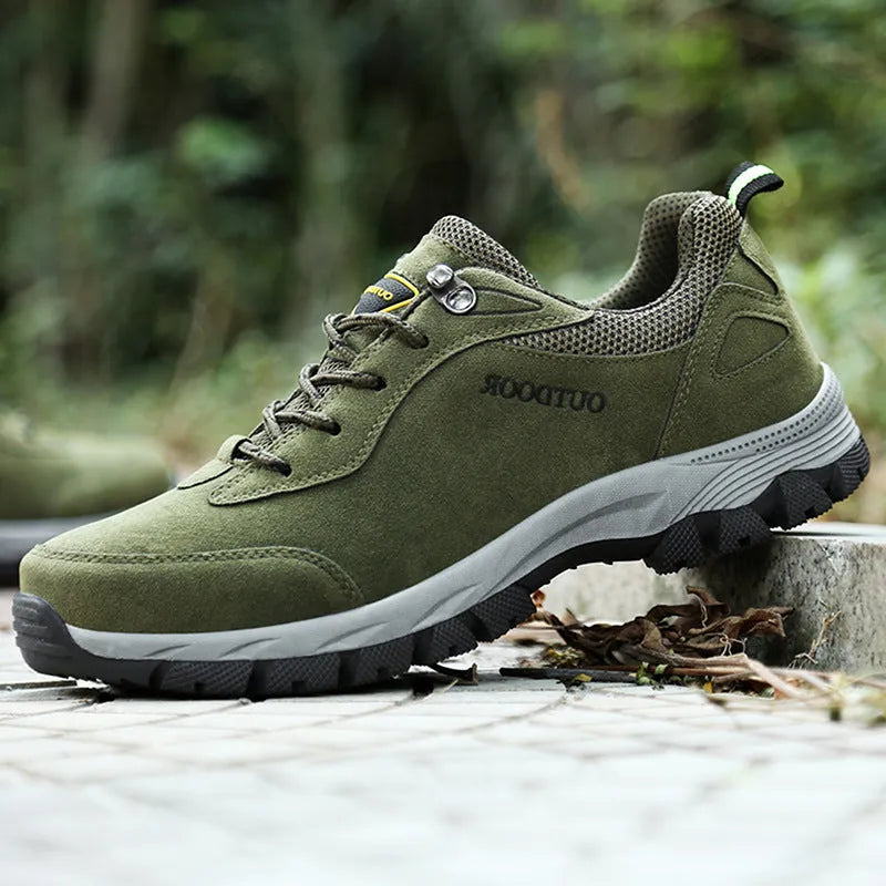 Men's large size outdoor hiking shoes in army green, grey, brown, and black colours with low-cut design