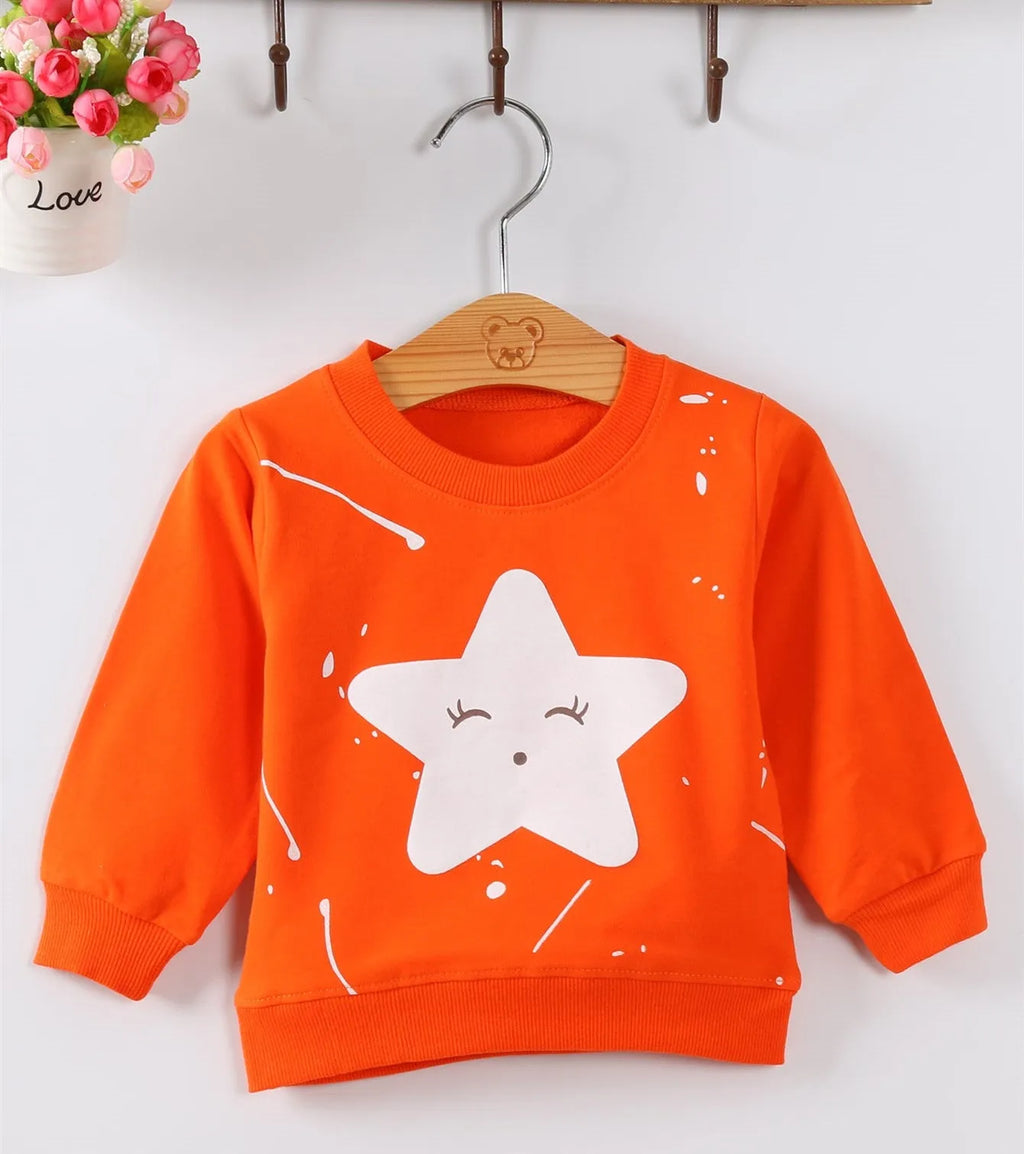 Korean-style cartoon pattern baby girl's sweatshirt for autumn in soft fabric, shown in multiple colour options.